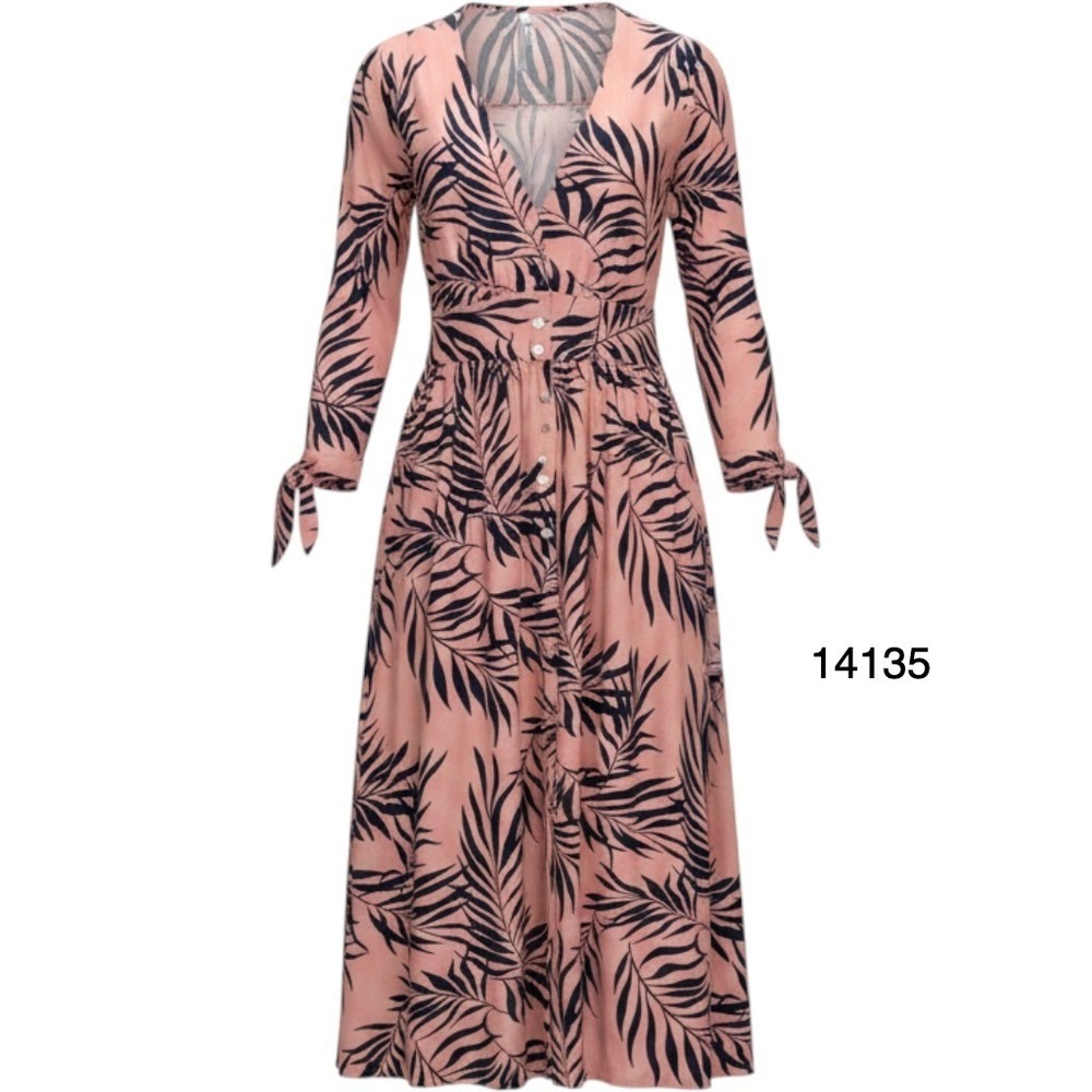 Paolino Maxi Dress Women Large Pink Tropical Palm Leaf Button Front Tie Sleeve